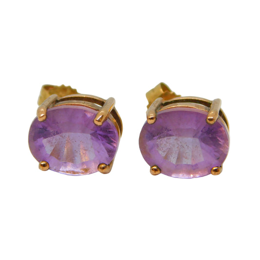 9ct Yellow Gold Oval Cut Amethyst Stud Earrings Vintage 2007 Birmingham