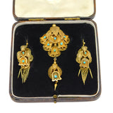 Victorian Boxed Etruscan Style Pinchbeck Earrings & Brooch Set Antique c1850
