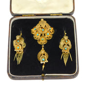 Victorian Boxed Etruscan Style Pinchbeck Earrings & Brooch Set Antique c1850