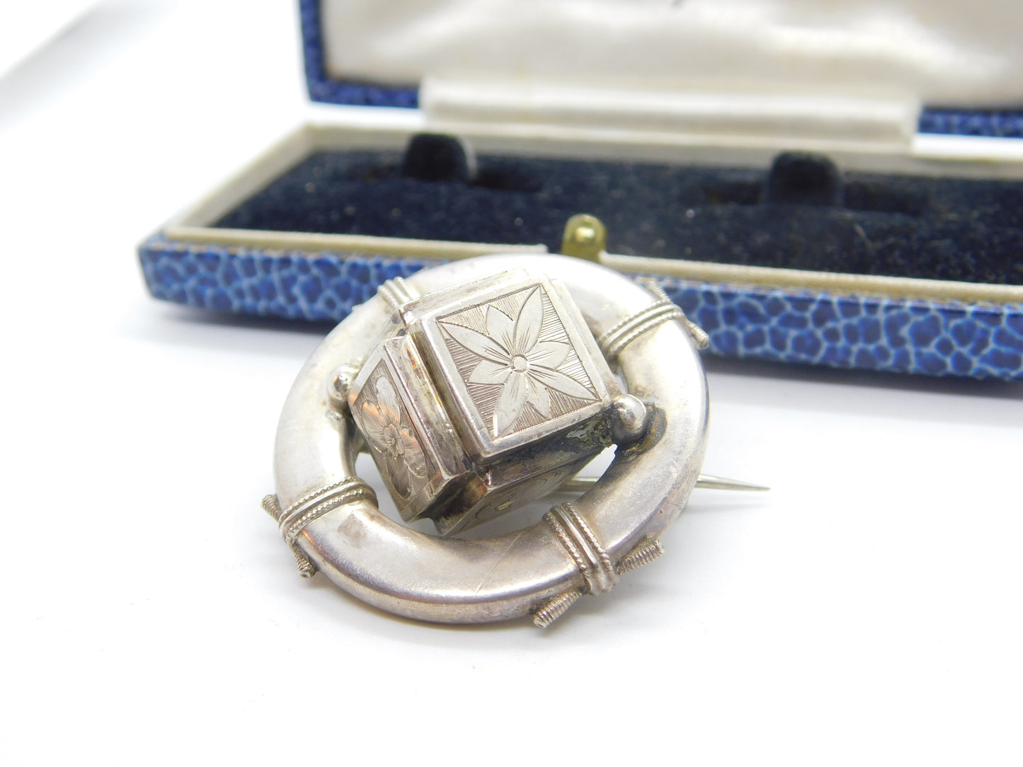 Victorian Sterling Silver Naval Life-Ring Sweetheart Brooch with Cube Antique c1880