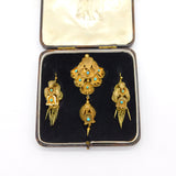 Victorian Boxed Etruscan Style Pinchbeck Earrings & Brooch Set Antique c1850