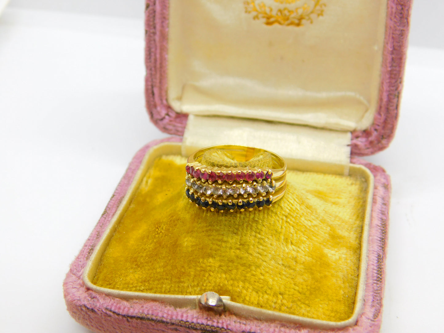 14ct Yellow Gold, Sapphire, Ruby & Diamond Paste Vintage c1970 Size P UK