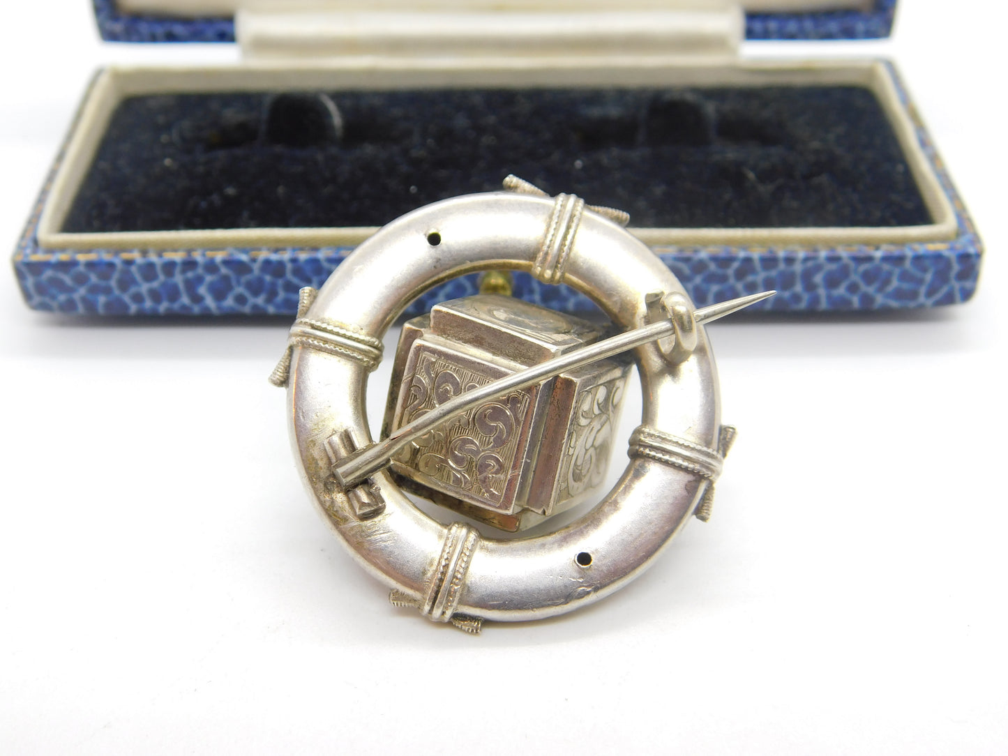 Victorian Sterling Silver Naval Life-Ring Sweetheart Brooch with Cube Antique c1880