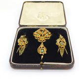 Victorian Boxed Etruscan Style Pinchbeck Earrings & Brooch Set Antique c1850