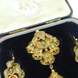 Victorian Boxed Etruscan Style Pinchbeck Earrings & Brooch Set Antique c1850