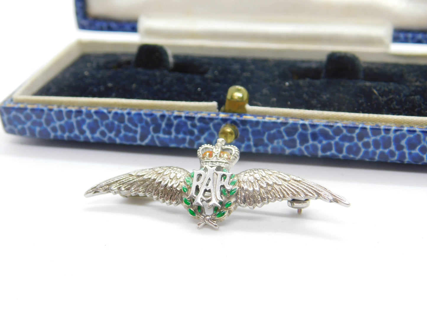 WWII-era Sterling Silver & Enamel RAF Wings Sweetheart Brooch Antique c1945