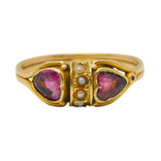 Victorian 15ct Gold, Heart-Cut Almandine Garnet & Seed Pearl Ring Antique c1860s