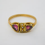 Victorian 15ct Gold, Heart-Cut Almandine Garnet & Seed Pearl Ring Antique c1860s