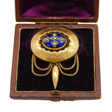 Victorian Boxed 10ct Gold, Blue Enamel, Pearl Tassel Brooch Antique c1840