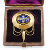 Victorian Boxed 10ct Gold, Blue Enamel, Pearl Tassel Brooch Antique c1840