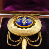 Victorian Boxed 10ct Gold, Blue Enamel, Pearl Tassel Brooch Antique c1840