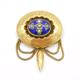 Victorian Boxed 10ct Gold, Blue Enamel, Pearl Tassel Brooch Antique c1840