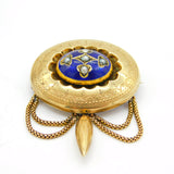 Victorian Boxed 10ct Gold, Blue Enamel, Pearl Tassel Brooch Antique c1840