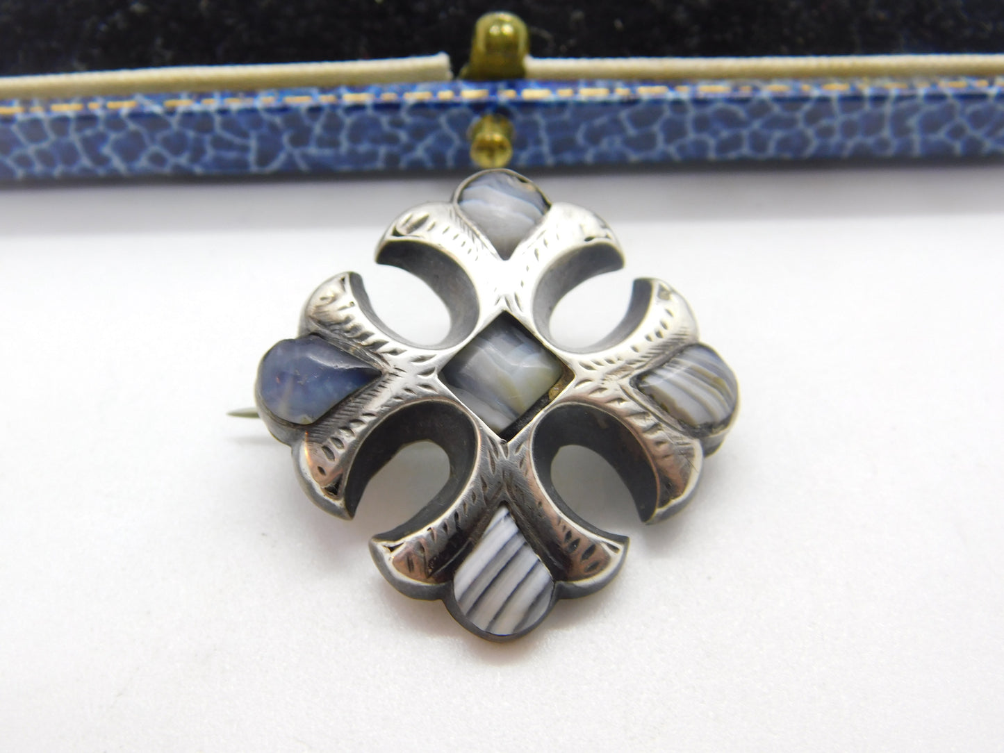 Scottish Victorian Sterling Silver & Montrose Agate Celtic Cross Brooch Antique c1860