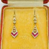 Art Deco French 18ct Gold, Platinum, Diamond & Ruby Drop Earrings Antique c1920s