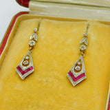 Art Deco French 18ct Gold, Platinum, Diamond & Ruby Drop Earrings Antique c1920s