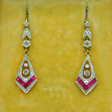 Art Deco French 18ct Gold, Platinum, Diamond & Ruby Drop Earrings Antique c1920s