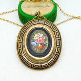 Victorian Pinchbeck Micro-Mosaic Floral Mourning Pendant Necklace Antique c1860