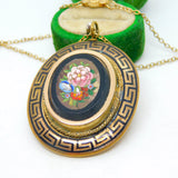 Victorian Pinchbeck Micro-Mosaic Floral Mourning Pendant Necklace Antique c1860