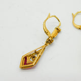 Art Deco French 18ct Gold, Platinum, Diamond & Ruby Drop Earrings Antique c1920s
