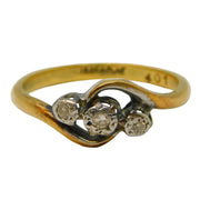 Victorian 18ct Yellow Gold Three-Stone Diamond Crossover Ring Antique c1890