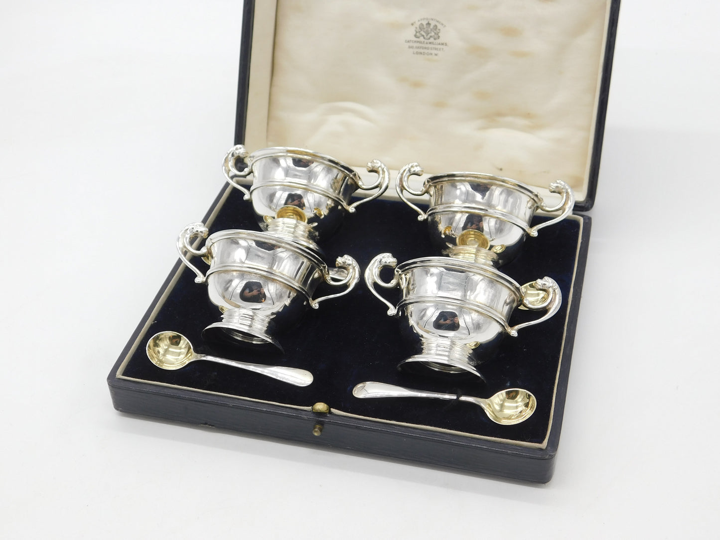 Boxed Set of Sterling Silver Lion Handle Trophy Salt Cellars 1900 London Antique