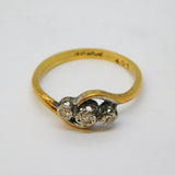 Victorian 18ct Yellow Gold Three-Stone Diamond Crossover Ring Antique c1890