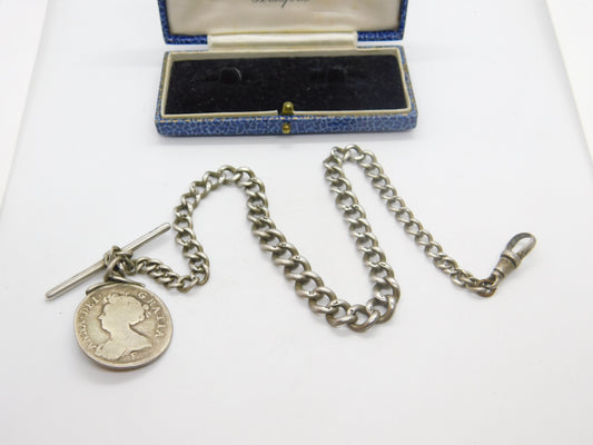 Sterling Silver Graduating Albert Watch Chain with Queen Anne 1707 Shilling Fob