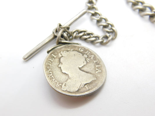 Sterling Silver Graduating Albert Watch Chain with Queen Anne 1707 Shilling Fob