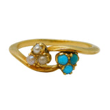 Victorian 18ct Gold, Turquoise & Seed Pearl Crossover Ring Antique c1860s