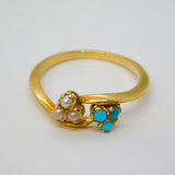 Victorian 18ct Gold, Turquoise & Seed Pearl Crossover Ring Antique c1860s