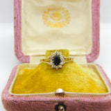 9ct Yellow Gold, Sapphire & Diamond Paste Floral Cluster Ring Vintage 1987