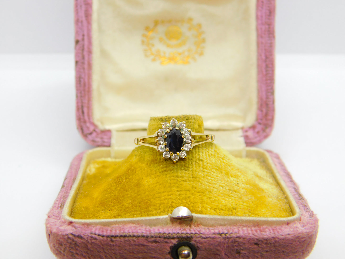 9ct Yellow Gold, Sapphire & Diamond Paste Floral Cluster Ring Vintage 1987