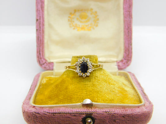 9ct Yellow Gold, Sapphire & Diamond Paste Floral Cluster Ring Vintage 1987