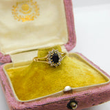 9ct Yellow Gold, Sapphire & Diamond Paste Floral Cluster Ring Vintage 1987