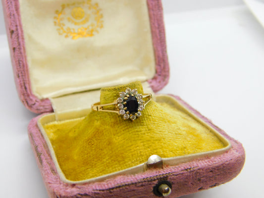 9ct Yellow Gold, Sapphire & Diamond Paste Floral Cluster Ring Vintage 1987