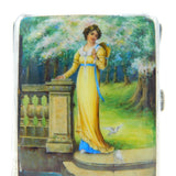 Edwardian Sterling Silver Enamel Lady with Doves Cigarette Case Antique 1904 London