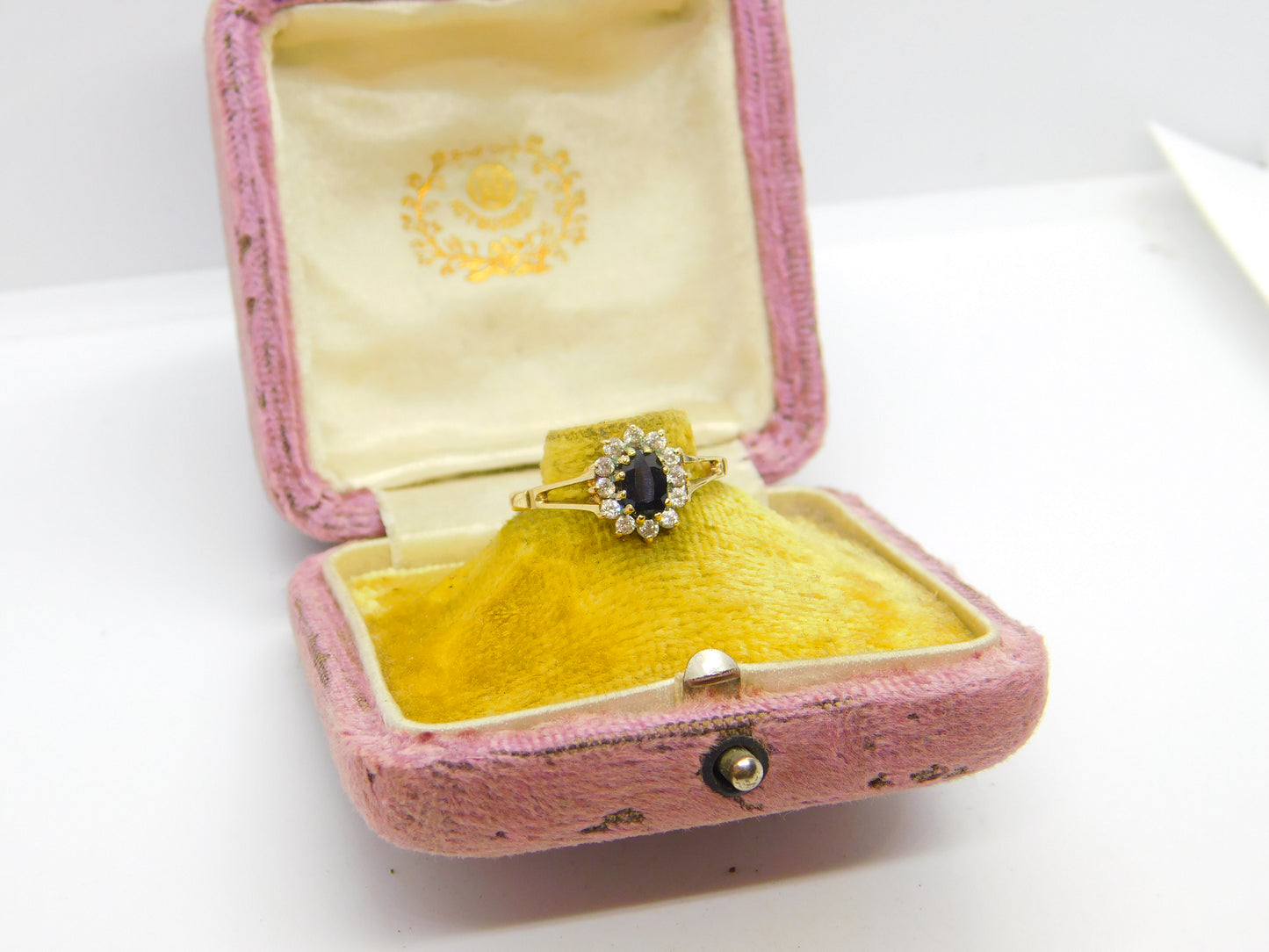 9ct Yellow Gold, Sapphire & Diamond Paste Floral Cluster Ring Vintage 1987