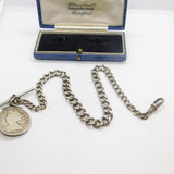 Sterling Silver Graduating Albert Watch Chain with Queen Anne 1707 Shilling Fob