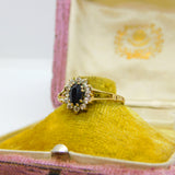9ct Yellow Gold, Sapphire & Diamond Paste Floral Cluster Ring Vintage 1987