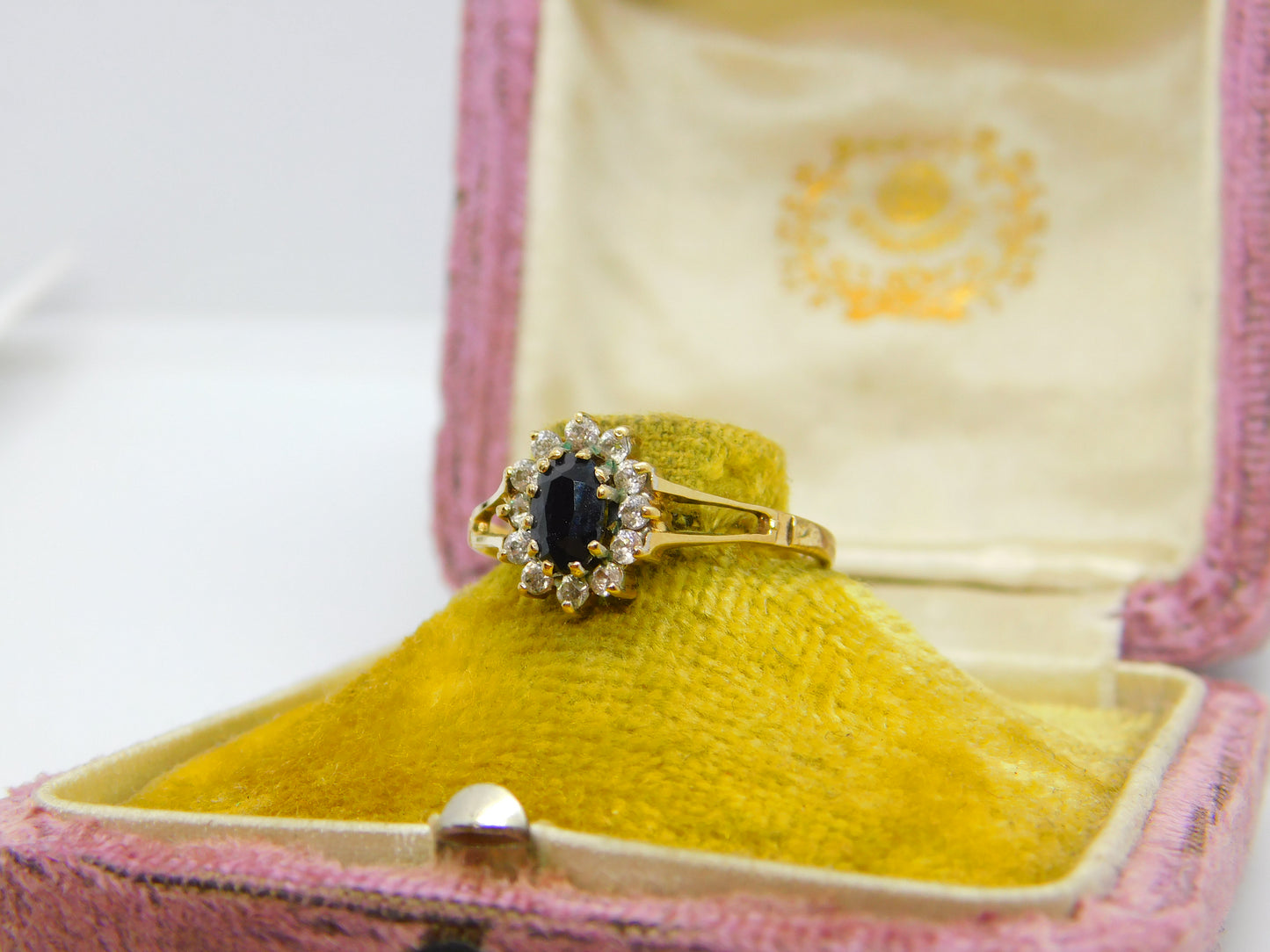 9ct Yellow Gold, Sapphire & Diamond Paste Floral Cluster Ring Vintage 1987