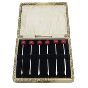 Boxed Sterling Silver Bakelite Cherry Terminal Cocktail Sticks Antique c1920