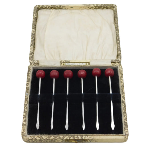 Boxed Sterling Silver Bakelite Cherry Terminal Cocktail Sticks Antique c1920