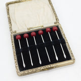 Boxed Sterling Silver Bakelite Cherry Terminal Cocktail Sticks Antique c1920