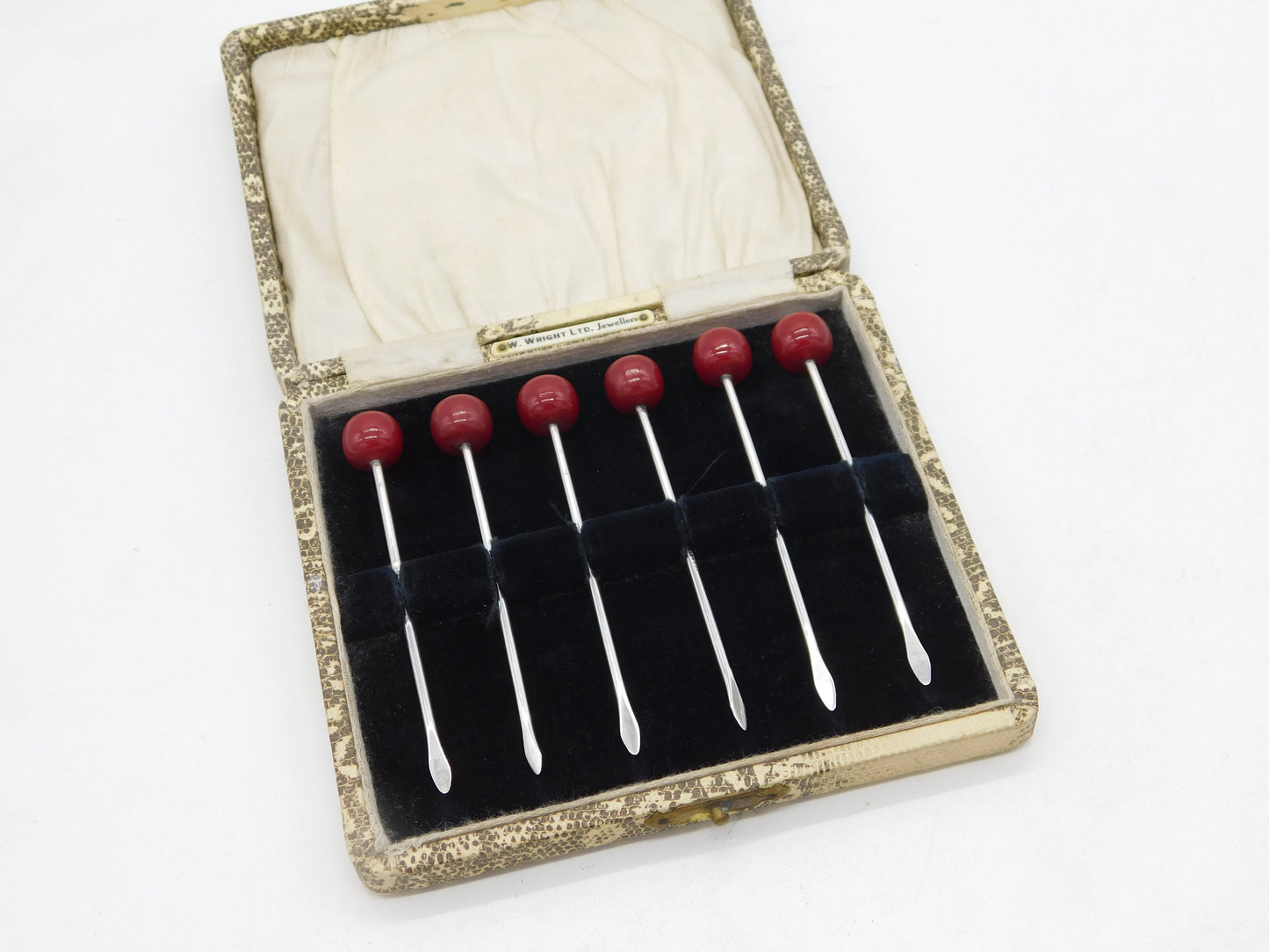 Boxed Sterling Silver Bakelite Cherry Terminal Cocktail Sticks Antique c1920