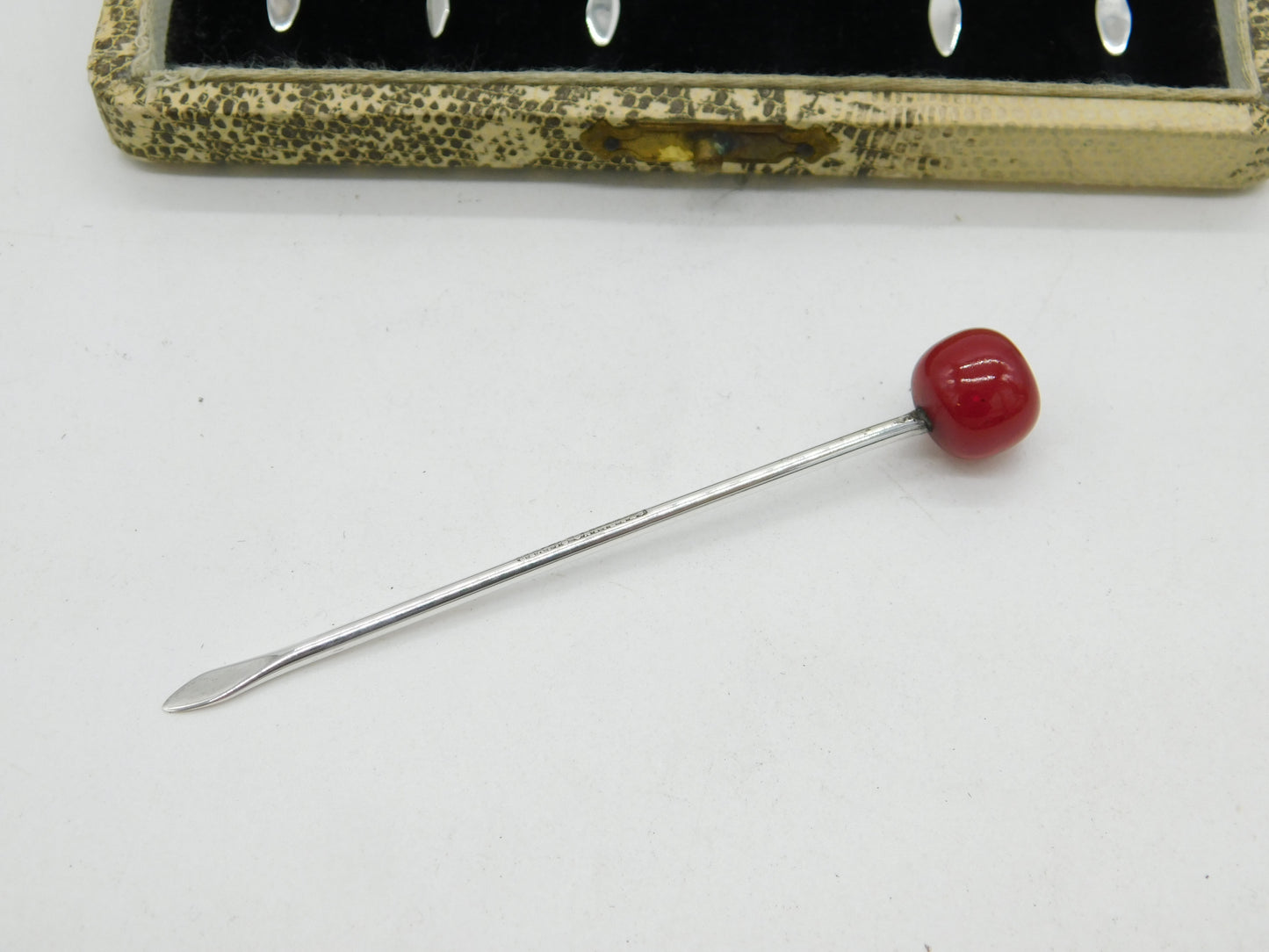 Boxed Sterling Silver Bakelite Cherry Terminal Cocktail Sticks Antique c1920