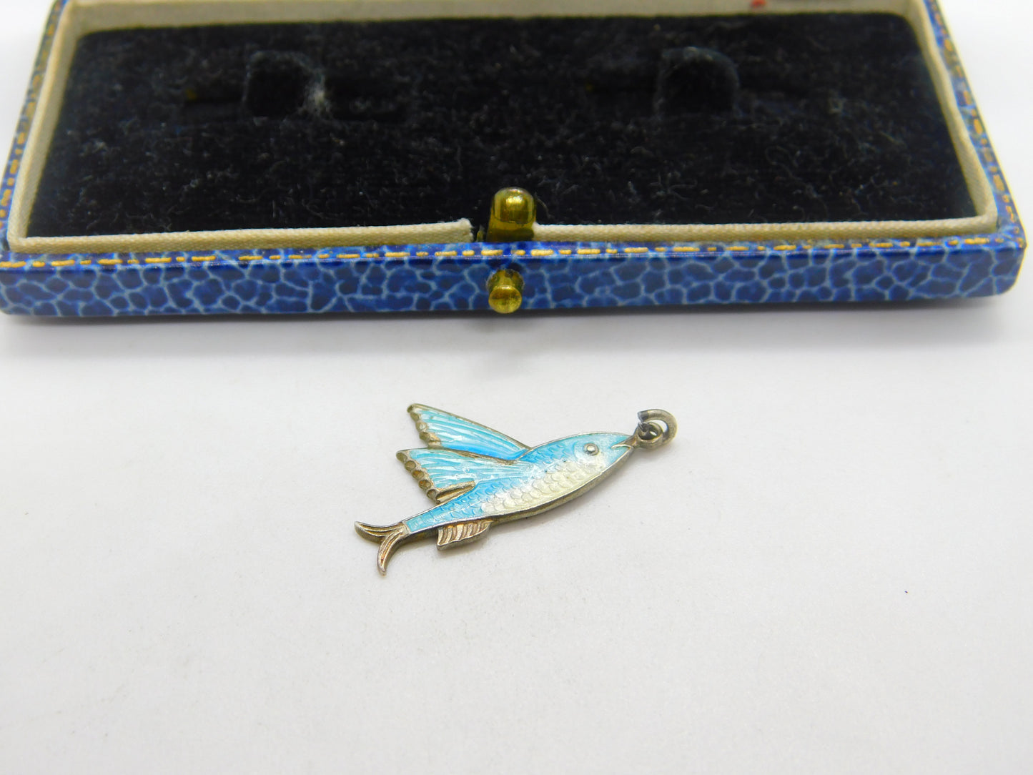 TLM Sterling Silver & Blue Enamel Flying Fish Charm Antique c1920 Art Deco