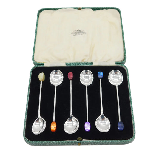 Boxed Sterling Silver Colourful Bakelite Teaspoon Set Antique 1935 Sheffield