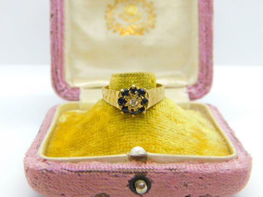 9ct Yellow Gold, Sapphire & Diamond Floral Cluster Ring Vintage 1978 London