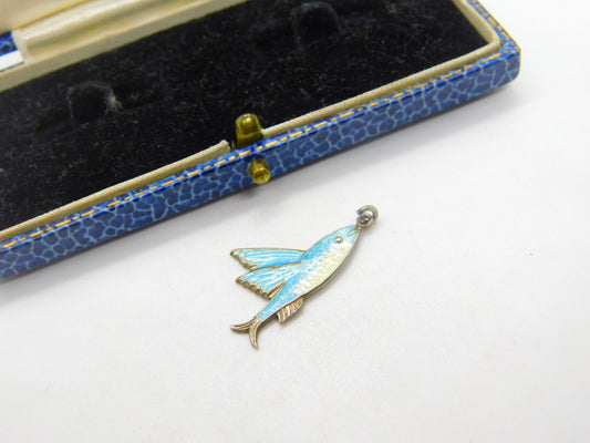 TLM Sterling Silver & Blue Enamel Flying Fish Charm Antique c1920 Art Deco